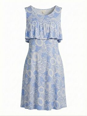 Red Camel Blue and White Floral Sleeveless Ruffle Sundress